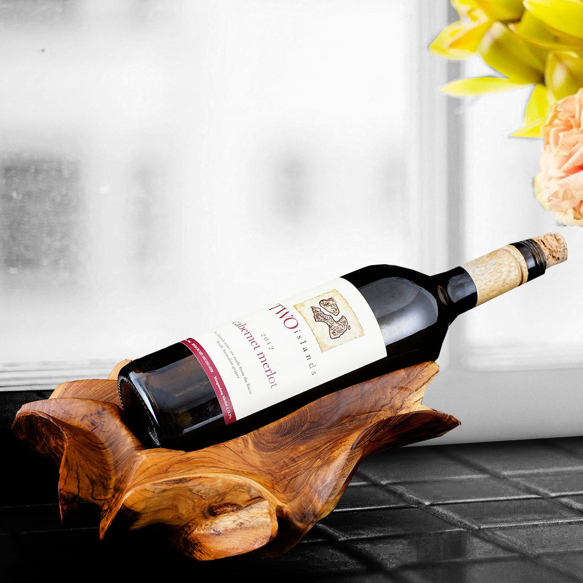 Olive wood wine online bottle holder